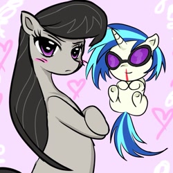 Size: 995x995 | Tagged: safe, artist:ponysprinkles, dj pon-3, octavia melody, vinyl scratch, earth pony, pony, unicorn, semi-anthro, g4, arm hooves, blood, blushing, bust, butt, chibi, crossed hooves, cute, duo, duo female, female, heart, heart background, horn, looking at you, mare, nosebleed, pink background, plot, simple background, underhoof, vinylbetes
