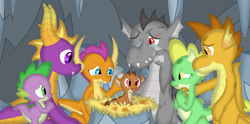 Size: 3557x1762 | Tagged: safe, artist:porygon2z, smolder, spike, oc, oc:draco axel, oc:jade, oc:singe, oc:topaz, dragon, g4, baby, baby dragon, crossover, crying, family, father and child, father and son, female, male, mother and child, mother and son, offspring, parent:oc:draco axel, parent:smolder, parents:canon x oc, parents:dracolder, ship:dracolder, spyro the dragon, spyro the dragon (series), tears of joy
