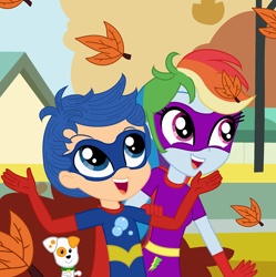 Size: 1960x1968 | Tagged: safe, artist:user15432, artist:yaya54320bases, rainbow dash, dog, human, equestria girls, g4, autumn, autumn leaves, barely eqg related, base used, bubble guppies, bubble puppy, clothes, collar, costume, crossover, dog collar, equestria girls style, equestria girls-ified, gil (bubble guppies), gloves, halloween, halloween costume, holiday, leaf, leaves, mask, nick jr., nickelodeon, open mouth, puppy, superhero, superhero costume