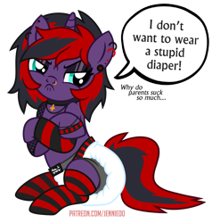 Size: 761x800 | Tagged: safe, artist:jennieoo, oc, oc only, oc:charming dazz, earth pony, pony, angry, clothes, diaper, diaper fetish, emo, eyeshadow, female, fetish, goth, gothic, makeup, mare, non-baby in diaper, patreon, patreon reward, piercing, show accurate, simple background, socks, solo, stockings, striped socks, thigh highs, transparent background, vector