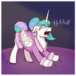 Size: 2000x2000 | Tagged: safe, artist:oldman, princess celestia, alicorn, pony, g4, bathrobe, behaving like a cat, clothes, eyes closed, floppy ears, frog (hoof), hair bun, high res, horn, majestic as fuck, onomatopoeia, open mouth, robe, simple background, sketch, solo, stretching, underhoof, wings, yawn