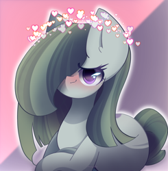 Size: 2250x2300 | Tagged: safe, artist:miryelis, marble pie, earth pony, pony, g4, blushing, heart, heart eyes, high res, looking at you, lying, lying down, on side, simple background, smiling, smiling at you, solo, wingding eyes