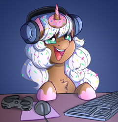 Size: 2976x3092 | Tagged: safe, artist:witchtaunter, oc, oc only, oc:donut daydream, pony, unicorn, chest fluff, commission, computer mouse, controller, cute, desk, donut, female, food, gamer, happy, headphones, high res, horn, keyboard, mare, mousepad, open mouth, open smile, smiling, solo, sprinkles, the uses of unicorn horns