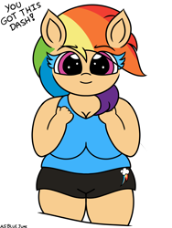Size: 2304x3072 | Tagged: safe, artist:msbluejune, rainbow dash, anthro, g4, big breasts, breasts, female, high res, human coloration, looking at you, mare, motivation, no tail, signature, simple background, solo, thighs, white background, wingless, workout outfit