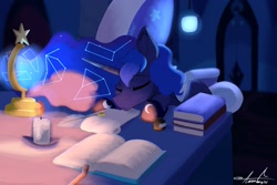 Size: 3000x2000 | Tagged: safe, artist:aurorafang, princess luna, alicorn, pony, bedroom, book, candle, constellation, desk, sleeping, solo