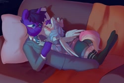 Size: 1507x1009 | Tagged: safe, artist:enderselyatdark, oc, oc only, oc:blazey sketch, oc:trey, pegasus, unicorn, anthro, blanket, blue eyes, blue suit, blushing, bow, clothes, couch, couple, cuddling, duo, eyes closed, grey fur, hair bow, horn, multicolored hair, pegasus oc, purple fur, purple hair, shorts, simple background, smiling, socks, sweater, thigh highs, unicorn oc