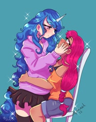 Size: 1491x1899 | Tagged: safe, artist:mylittleyuri, izzy moonbow, sunny starscout, human, g5, blue background, blushing, bra, bra strap, chair, clothes, duo, duo female, eye clipping through hair, eye contact, eyebrows, eyebrows visible through hair, female, hoodie, horn, horned humanization, hug, humanized, lesbian, looking at each other, looking at someone, pale skin, ship:moonscout, shipping, shirt, shorts, simple background, skirt, smiling, smiling at each other, socks, stockings, t-shirt, tail, tailed humanization, tan skin, thigh highs, underwear