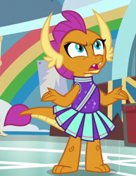 Size: 582x754 | Tagged: safe, screencap, smolder, dragon, 2 4 6 greaaat, g4, angry, cheerleader, cheerleader outfit, cheerleader smolder, clothes, cropped, dragoness, female, solo