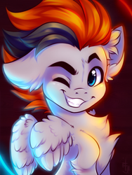 Size: 1200x1600 | Tagged: safe, artist:falafeljake, oc, oc only, oc:sukko, pegasus, pony, chest fluff, commission, grin, male, neon, one ear down, one eye closed, smiling, solo, stallion, wink, ych result