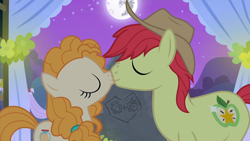 Size: 1920x1080 | Tagged: safe, screencap, bright mac, pear butter, earth pony, pony, g4, season 7, the perfect pear, 1080p, duo, female, kiss on the lips, kissing, male, mare, mare in the moon, moon, romance, ship:brightbutter, shipping, shipping fuel, stallion, straight