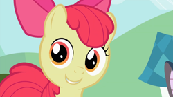 Size: 1920x1080 | Tagged: safe, screencap, apple bloom, earth pony, pony, g4, season 2, the cutie pox, 1080p, adorabloom, animation error, cute, female, filly, foal, looking at each other, looking at someone, looking at you, no eyelashes, smiling, smiling at you, solo