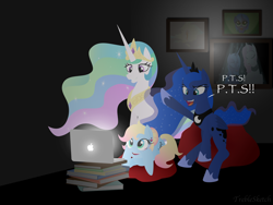 Size: 5000x3750 | Tagged: safe, artist:treblesketchofficial, princess celestia, princess luna, oc, oc:treble sketch, alicorn, earth pony, pony, g4, computer, earth pony oc, female, laptop computer, trio