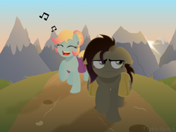 Size: 4000x3000 | Tagged: safe, artist:treblesketchofficial, oc, oc only, oc:midnight whisper, oc:treble sketch, earth pony, pony, bag, duo, earth pony oc, eyes closed, female, floppy ears, mountain, open mouth, saddle bag, singing, unamused