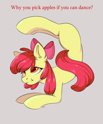 Size: 2400x2900 | Tagged: safe, artist:ske, apple bloom, earth pony, pony, g4, backbend, ear fluff, female, filly, flexible, foal, high res, simple background, solo, text