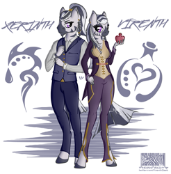 Size: 899x915 | Tagged: safe, artist:virenth, oc, oc only, oc:virenth, oc:xerinth, zebra, anthro, unguligrade anthro, clothes, duo, female, looking at you, male, potion, reference sheet, siblings, simple background, standing, white background