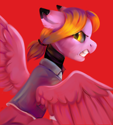Size: 4776x5292 | Tagged: safe, artist:ske, oc, oc only, pegasus, pony, angry, gritted teeth, looking at you, looking back, looking back at you, red background, simple background, solo, spread wings, teeth, trade, wings