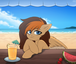 Size: 1920x1624 | Tagged: dead source, safe, artist:alunedoodle, oc, oc only, oc:aerion featherquill, pegasus, pony, beach, commission, drink, female, food, indexed png, looking at you, mare, ocean, solo, table, umbrella, water, watermelon, ych result