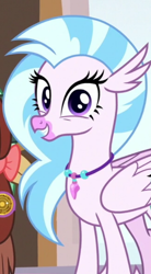 Size: 406x736 | Tagged: safe, screencap, silverstream, yona, classical hippogriff, hippogriff, yak, a matter of principals, g4, cropped, cute, diastreamies, jewelry, looking at you, necklace, offscreen character, solo focus
