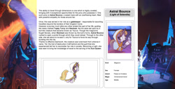 Size: 1586x815 | Tagged: safe, artist:lummh, artist:ternonadime, oc, oc only, oc:astral bounce, pony, comic:the lost sun, magicorn, reference sheet, solo, text, wiki