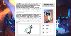 Size: 1586x815 | Tagged: safe, artist:lummh, artist:ternonadime, oc, oc only, oc:sapphire skies, pony, comic:the lost sun, magicorn, reference sheet, solo, text, wiki