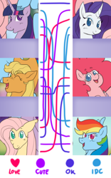 Size: 1446x2312 | Tagged: safe, artist:greenarsonist, applejack, fluttershy, pinkie pie, rainbow dash, rarity, twilight sparkle, earth pony, pegasus, pony, unicorn, g4, bust, female, lesbian, mane six, opinion, portrait, ship:flarity, ship:flutterpie, ship:twinkie, shipping, shipping chart