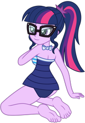 Size: 4616x6685 | Tagged: safe, artist:emeraldblast63, sci-twi, twilight sparkle, human, equestria girls, equestria girls specials, g4, my little pony equestria girls: better together, my little pony equestria girls: forgotten friendship, ass, bare shoulders, barefoot, beach, beach shorts swimsuit, breasts, butt, clothes, feet, female, glasses, looking back, looking over shoulder, one-piece swimsuit, ponytail, sci-twi swimsuit, sci-twibutt, sexy, simple background, soles, solo, stupid sexy sci-twi, swimsuit, transparent background