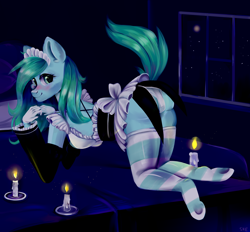 Size: 4900x4540 | Tagged: safe, alternate version, artist:ske, oc, oc only, oc:mintya, earth pony, anthro, unguligrade anthro, bed, candle, clothes, commission, maid, multiple variants, socks, solo, striped socks, window