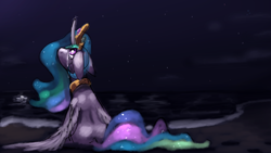 Size: 3840x2160 | Tagged: safe, artist:aliceg, princess celestia, alicorn, pony, g4, beach, black background, crying, female, high res, mare, night, ocean, simple background, solo, water