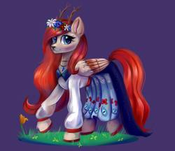 Size: 2200x1900 | Tagged: safe, artist:ske, oc, oc only, hybrid, pegasus, pony, antlers, blushing, floral head wreath, flower, redraw, solo, trade