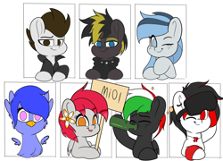 Size: 3570x2565 | Tagged: safe, artist:joaothejohn, oc, oc only, oc:ashwind, oc:haze northfleet, oc:northlane, oc:tiny jasmini, oc:tiorafa, oc:winged beer, griffon, pony, clothes, cute, drunk, high res, jacket, one eye closed, sign, text, vr headset, wings, wink