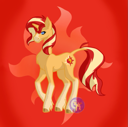 Size: 601x597 | Tagged: safe, artist:luna_mcboss, sunset shimmer, pony, unicorn, g4, blaze (coat marking), chest fluff, coat markings, ear fluff, facial markings, fanart, female, fetlock tuft, hock fluff, horn, long legs, long tail, raised leg, red background, red mane, simple background, socks (coat markings), solo, sun, tail, unicorn horn, yellow coat