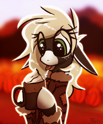 Size: 840x1006 | Tagged: safe, artist:fenixdust, oc, oc only, oc:pepper, donkey, autumn, clothes, coffee, cute, female, jacket, pumpkin patch, pumpkin spice