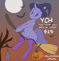 Size: 4800x5000 | Tagged: safe, artist:queenkittyok, artist:tatemil, bat, bird, owl, pony, broom, clothes, commission, flying, flying broomstick, gravestone, halloween, hat, holiday, jack-o-lantern, moon, pumpkin, socks, solo, thigh highs, witch hat, your character here