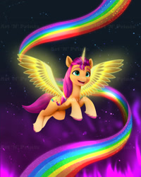 Size: 1506x1884 | Tagged: safe, artist:darksly, sunny starscout, alicorn, pony, g5, my little pony: a new generation, alicornified, cute, female, flying, mane stripe sunny, mare, markings, night, open mouth, race swap, rainbow, solo, stars, sunnybetes, sunnycorn, unshorn fetlocks, watermark