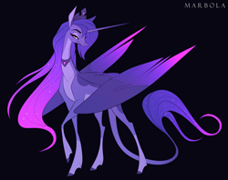 Size: 3541x2800 | Tagged: safe, artist:marbola, princess luna, alicorn, pony, g4, alternate design, black background, female, high res, horn, large wings, leonine tail, lidded eyes, long horn, long neck, mare, raised hoof, simple background, solo, tail, wings