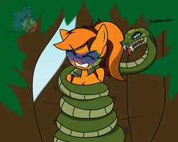 Size: 7500x6000 | Tagged: safe, artist:lunahazacookie, oc, oc:lancia, chimera, earth pony, horse, pony, snake, anthro, absurd resolution, breasts, coils, constriction, eyes closed, feet, female, fetish, forest, gritted teeth, soles, squeezing, sweat, sweatdrops, teeth, toes, tree