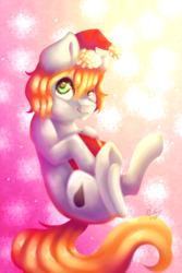 Size: 2000x3000 | Tagged: safe, artist:prettyshinegp, oc, oc only, earth pony, pony, abstract background, christmas, earth pony oc, hat, high res, holiday, male, santa hat, smiling, solo, stallion, underhoof