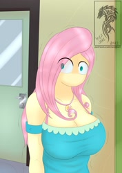 Size: 1240x1754 | Tagged: safe, artist:wolfjarl, fluttershy, human, equestria girls, g4, big breasts, breasts, busty fluttershy, canterlot high, cleavage, eye clipping through hair, female, flutter can't communicate, geode of fauna, hallway, humanized, komi can't communicate, komi-san, magical geodes, no mouth, no nose, scared, solo