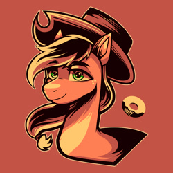 Size: 2100x2100 | Tagged: safe, artist:poxy_boxy, applejack, earth pony, pony, g4, bust, female, high res, limited palette, mare, red background, simple background, smiling, solo