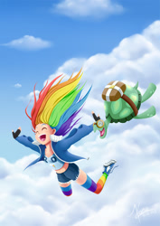 Size: 1000x1414 | Tagged: safe, artist:valinhya, rainbow dash, tank, human, g4, belly button, clothes, cloud, converse, cute, dashabetes, duo, eyes closed, falling, human coloration, humanized, light skin, multicolored hair, open mouth, parachute, rainbow hair, rainbow socks, shoes, sky, skydiving, socks, striped socks