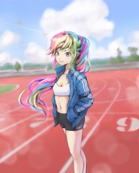 Size: 1920x2400 | Tagged: safe, artist:nattapong yotkhruea, artist:nattapongyotkhruea, rainbow dash, human, g4, belly button, breasts, cleavage, clothes, humanized, jacket, midriff, race track, shorts, sports shorts