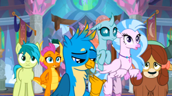 Size: 1600x898 | Tagged: safe, screencap, gallus, ocellus, sandbar, silverstream, smolder, yona, changedling, changeling, classical hippogriff, dragon, earth pony, griffon, hippogriff, pony, yak, g4, uprooted, bow, dragoness, female, hair bow, jewelry, male, monkey swings, necklace, student six