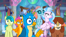 Size: 1600x900 | Tagged: safe, screencap, gallus, ocellus, sandbar, silverstream, smolder, yona, changedling, changeling, classical hippogriff, dragon, earth pony, griffon, hippogriff, pony, yak, g4, uprooted, bow, dragoness, female, hair bow, jewelry, male, monkey swings, necklace, stallion, student six