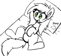 Size: 682x622 | Tagged: safe, artist:pizzahutjapan, oc, oc:filly anon, earth pony, pony, bed, female, filly, foal, ms paint, on bed, simple background, solo, what are we gonna do on the bed?, white background