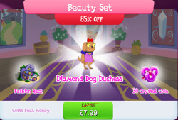 Size: 1267x858 | Tagged: safe, gameloft, idw, daisydaint bow, diamond dog, g4, my little pony: magic princess, beauty set, bow, bundle, bush, choker, clothes, clothes hanger, clothes rack, collar, costs real money, dog collar, duchess, english, female, female diamond dog, hair bow, idw showified, numbers, poofy shoulders, purse, sale, shirt, shoes, solo, text, yellow eyes