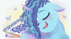 Size: 4532x2500 | Tagged: safe, artist:maren, misty brightdawn, butterfly, pony, unicorn, g5, cute, eyes closed, female, freckles, mare, markings, mistybetes, notebook, open mouth, sleeping, solo, unshorn fetlocks