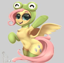 Size: 1000x980 | Tagged: safe, alternate version, artist:inkypuso, fluttershy, frog, pegasus, pony, g4, animal costume, armpits, chest fluff, clothes, costume, cute, female, frog costume, gray background, mare, open mouth, open smile, shyabetes, simple background, smiling, solo