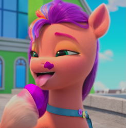 Size: 887x905 | Tagged: safe, screencap, sunny starscout, earth pony, pony, g5, growing pains, my little pony: make your mark, my little pony: make your mark chapter 2, spoiler:my little pony: make your mark, spoiler:my little pony: make your mark chapter 2, spoiler:mymc02e02, cute, eating, female, licking, mane stripe sunny, mare, maretime bay, open mouth, raised eyebrow, solo, sunnybetes, tongue out