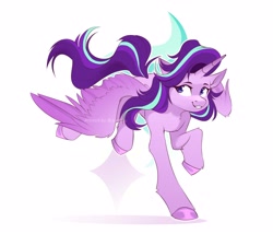Size: 4096x3510 | Tagged: safe, artist:buvanybu, starlight glimmer, alicorn, pony, g4, action pose, alicornified, cute, female, glimmerbetes, high res, lidded eyes, looking at you, mare, race swap, simple background, smiling, solo, spread wings, starlicorn, starry eyes, stars, white background, wingding eyes, wings