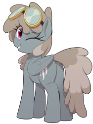 Size: 1500x2000 | Tagged: safe, artist:thebatfang, dust devil, pegasus, pony, g4, background pony, butt, dust butt, eye clipping through hair, female, goggles, looking at you, looking back, looking back at you, mare, one eye closed, plot, simple background, smiling, smiling at you, solo, transparent background, wink, winking at you